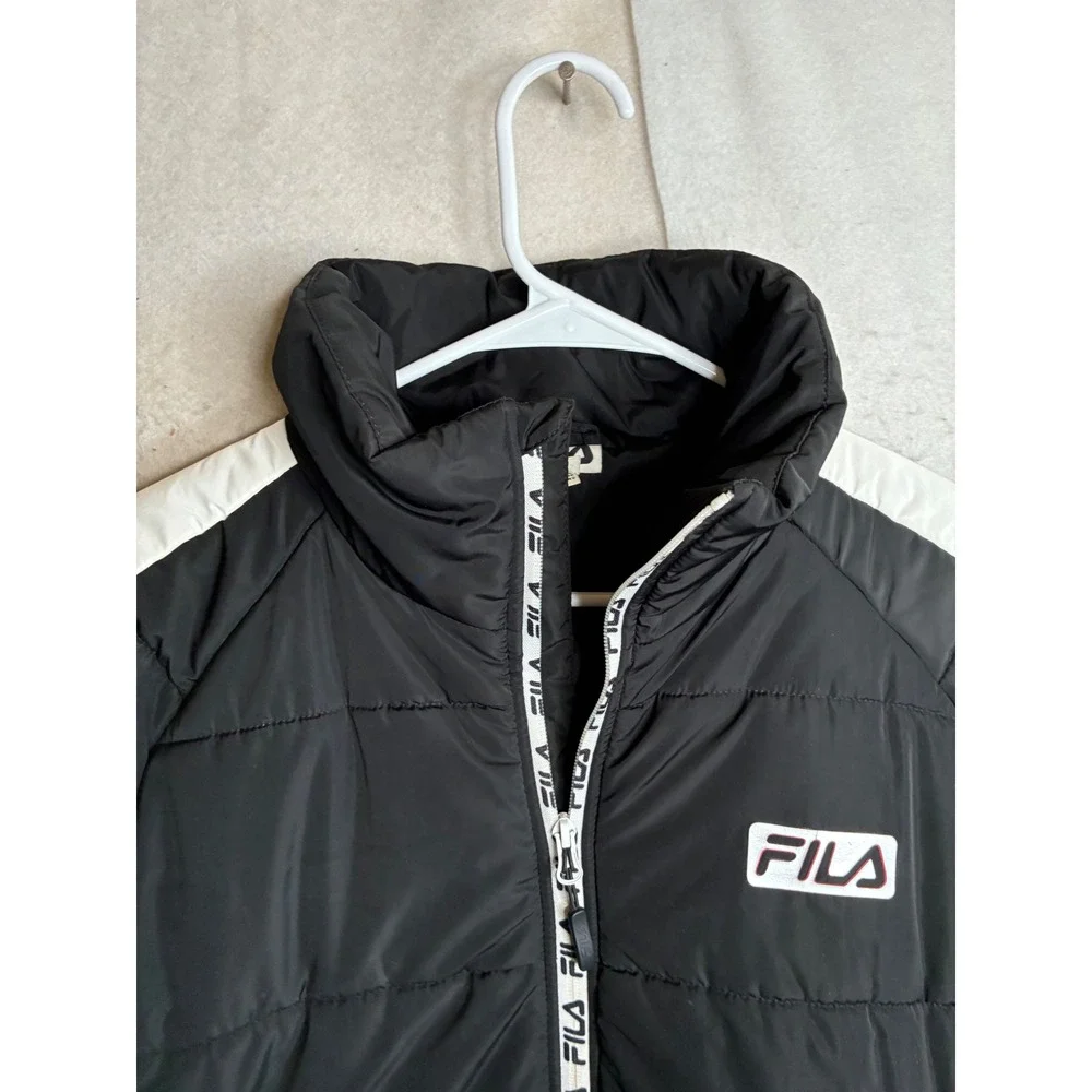 FILA Mens Black White Colorblock Puffer Jacket Full Zip Logo Tape Quilted Small